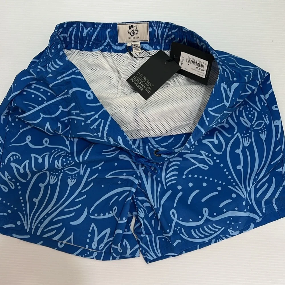 NWT Ted Baker London Ryburn Paisley Printed Swim Shorts Mid Blue Recycled Polyes
